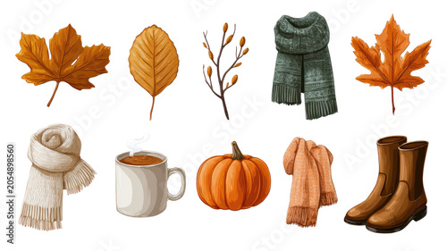 autumn cozy fall collection with colorful leaves,pumpkin,warm scarves,hot coffe mug,and stylish boots isolated on white backgroun