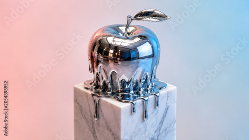 A shiny apple sits on a marble base