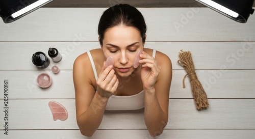 Woman doing facial massage, products, lights, top-down shot on wood