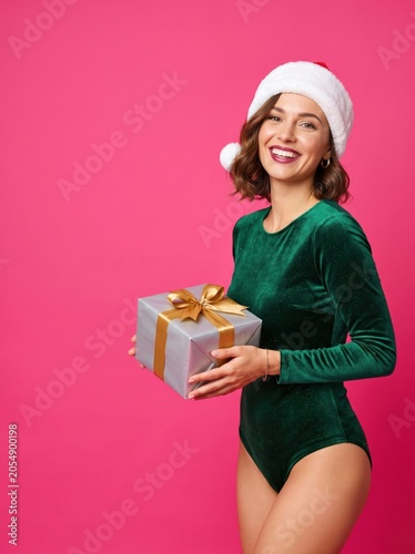Joyful woman in an emerald green velvet bodysuit and Santa hat. She is holding a silver gift box with a gold ribbon. Christmas in july concept background.