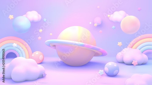 Pastel dreamy planet with rainbows, stars, and clouds animation. (loop)