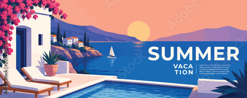 Foto Summer Vacation Seaside Resort Landscape with Mediterranean Coastal View Illustr