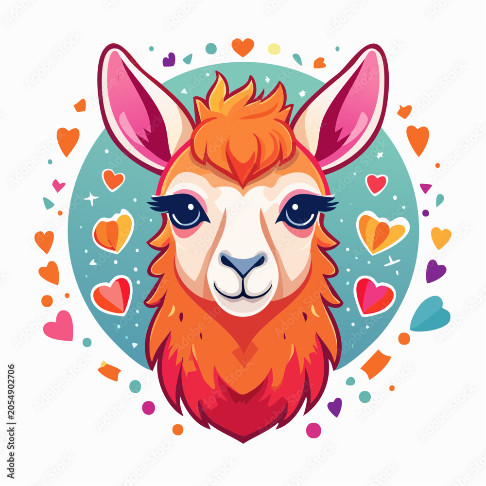 Naklejka premium Cute Cartoon Llama with Hearts