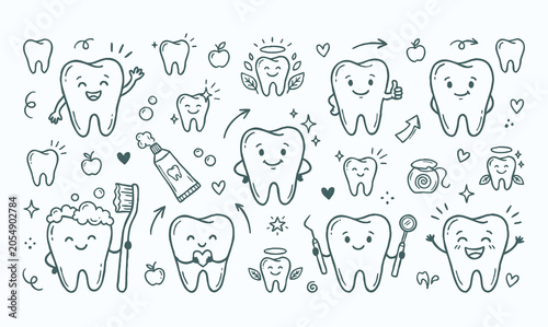 Bild auf Leinwand Vector doodle set of tooth mascots with dental care elements.