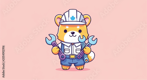 Cute Shiba Inu Dog Wearing Hard Hat and Holding Wrenches.
