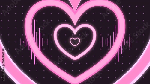 Neon heart-shaped tunnel with glowing bars motion graphics. (loop)