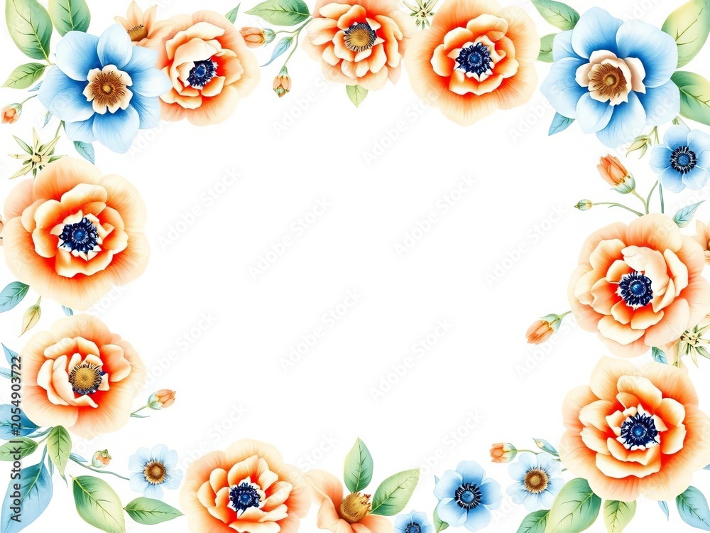 Obraz premium Watercolor pastel peach and blue floral border with intricate details on a crisp white background, elegance, petals