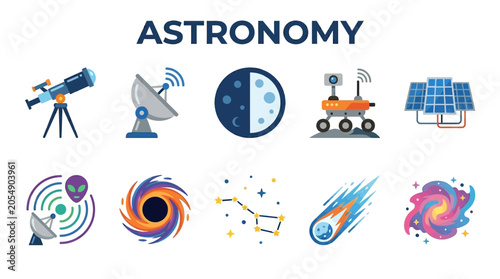Fotografi Collection of Astronomy Icons and Symbols Representing Space Exploration and Celestial Bodies