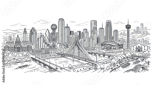Fotografie Texas city skyline with famous landmarks in hand drawn sketch style