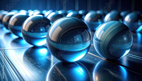 Polished Blue Glass Spheres with Reflective Surfaces Arranged on a Dark Textured Surface