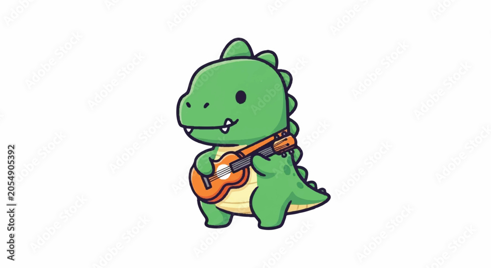 Obraz premium Cute cartoon dinosaur playing ukulele illustration.