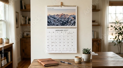 Wall calendar for january 2027 hanging on white wall in modern home interior design.