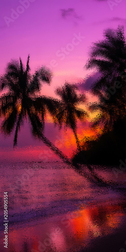 Vibrant tropical beach at sunset with palm trees