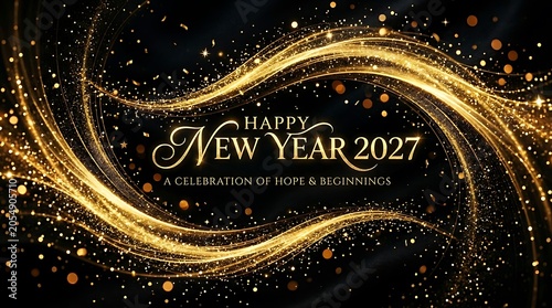 Happy new year 2027 golden waves and sparkling particles on dark background for celebration.