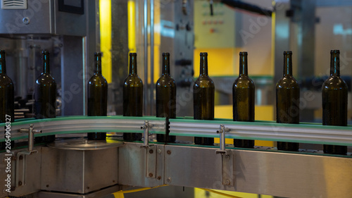 Empty Dark Green Glass Wine Bottles Moving Along Curved Conveyor Belt in Modern Automated Winery Bottling Facility.