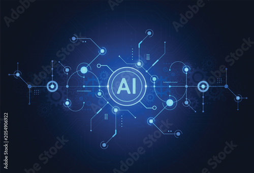Artificial intelligence technology background. AI letter in circle with circuit board lines and gears on dark blue backdrop. Digital network innovation concept.