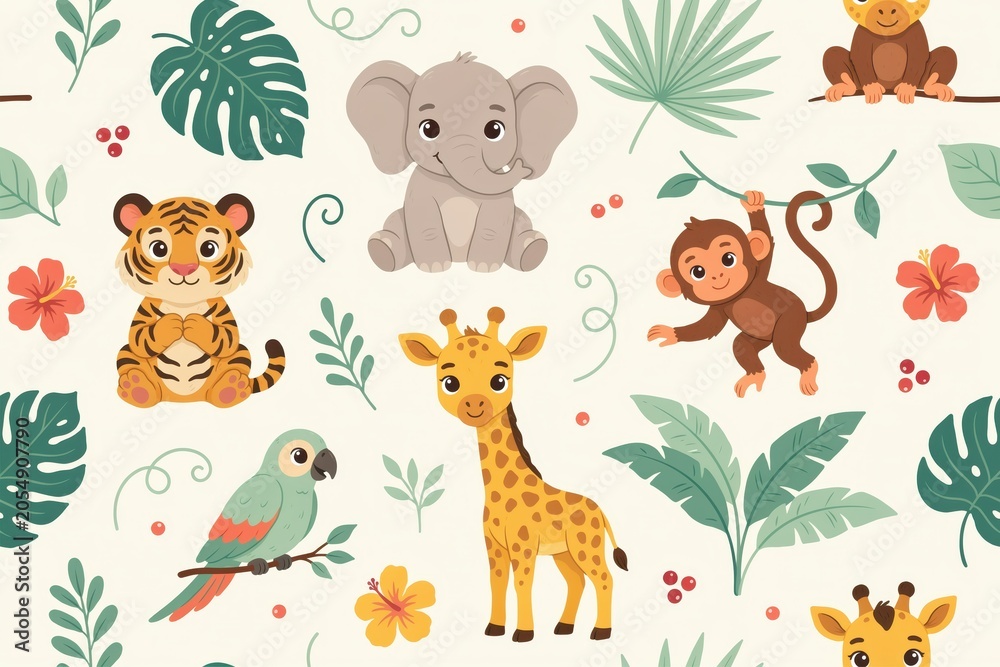 Fototapeta premium Seamless pattern with cute jungle animals like a tiger, elephant, giraffe, monkey, and parrot surrounded by tropical leaves and flowers