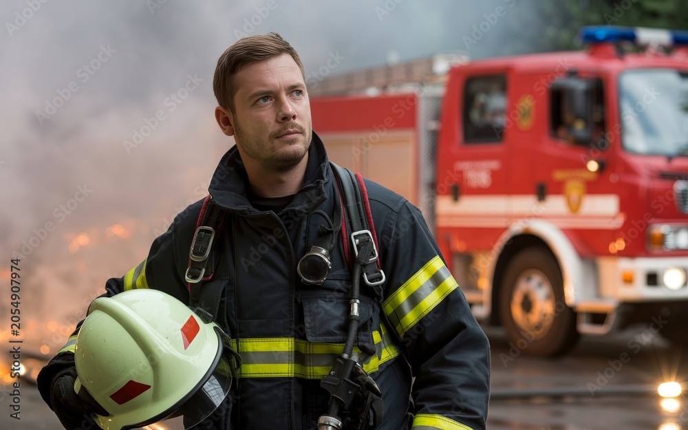 Fototapeta premium Firefighter in Protective Gear with Helmet Amid Smoke Haze and Cinematic Emergency Lighting