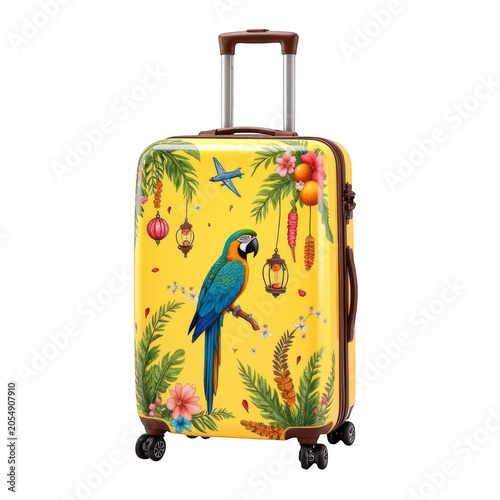 Yellow Tropical Suitcase with Macaw Parrot Isolated on Transparent Background, Cut Out