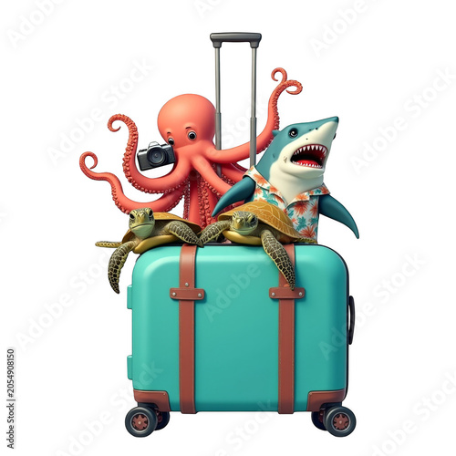 Cute red octopus photographer and shark on turquoise suitcase, isolated on transparent background