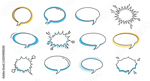 Comprehensive set of comic book style speech bubbles and explosive action bubbles is rendered in blue yellow and black colors.