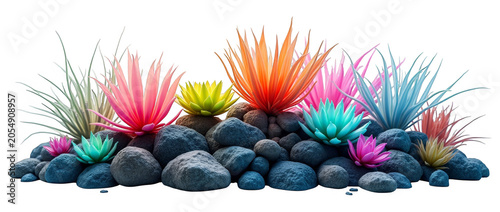 Vibrant Artificial Aquarium Plants and Anemones on Rocks Isolated on Transparent Background