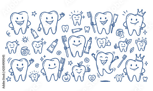 Canvastavla Vector doodle set of tooth mascots with dental care elements.