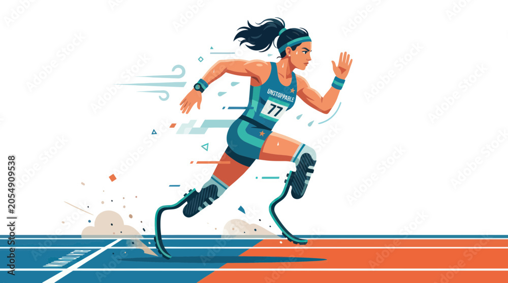 Fototapeta premium Female runner with prosthetic legs competing in a race, dynamic action shot