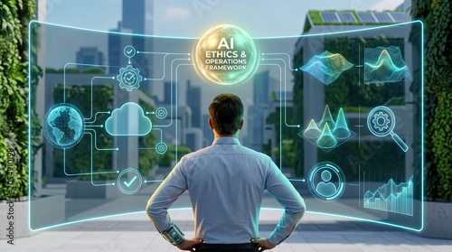 A man in blue shirt surrounded by ethical AI data mesh interface with gold ethics core in corporate plaza, business intelligence concept