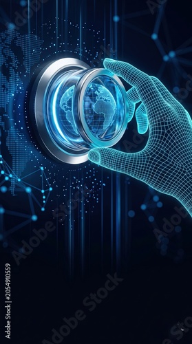 A cybernetic wireframe hand turning metallic dial with glowing blue earth globe core in dark network space, business intelligence concept