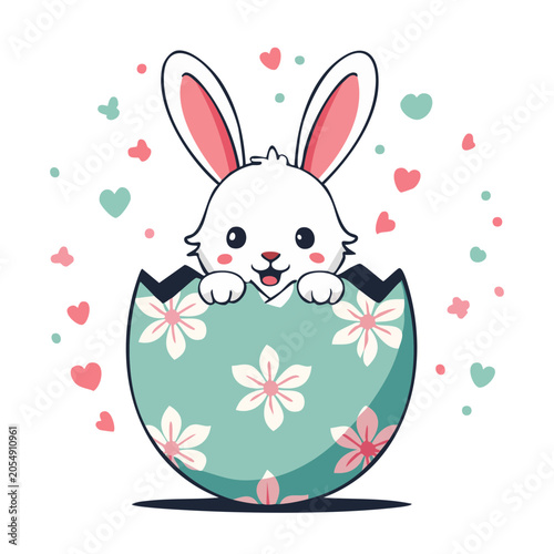 Cute bunny peeking from decorated egg