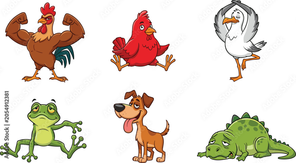 Fototapeta premium Funny cartoon animal character vector set with a strong rooster, tired frog, happy dog, sitting bird, yoga seagull, and sleepy dinosaur for children's designs