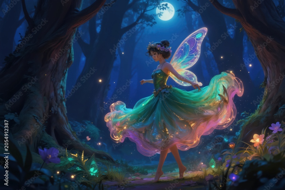 Naklejka premium Nighttime forest scene with glowing fairy dancing gracefully under full moon. Mystical woodland with bioluminescent flora and sparkling lights, dreamlike atmosphere, fantasy realm illustration.