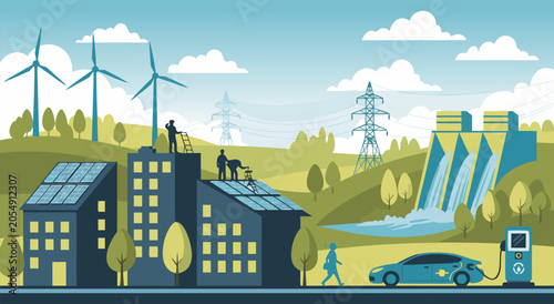 Bild auf Leinwand Sustainable Green Energy Landscape Vector Illustration Featuring Renewable Power