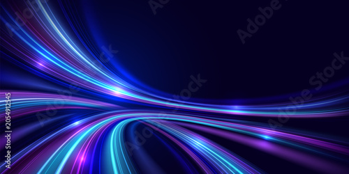 Obraz na płótnie Abstract glowing light trails converging and intersecting on a dark blue background, symbolizing digital connectivity, data flow and advanced technology