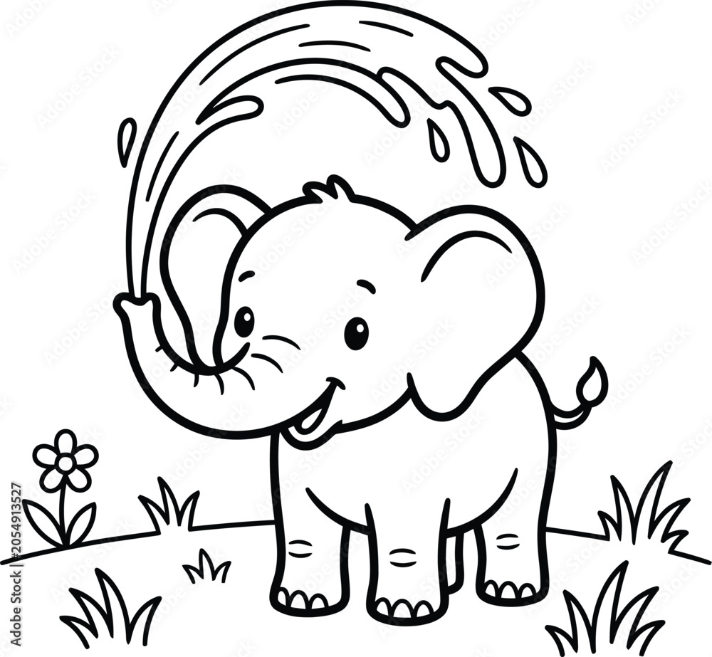 Obraz premium Elephant playing with water coloring page for kids
