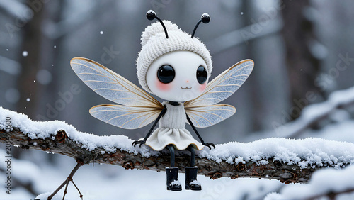 Cute Little Winter Fairy Sitting on a Snowy Tree Branch in a Magical Forest Setting