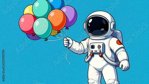 Astronaut holding colorful balloons against a bright blue sky, celebrating space exploration