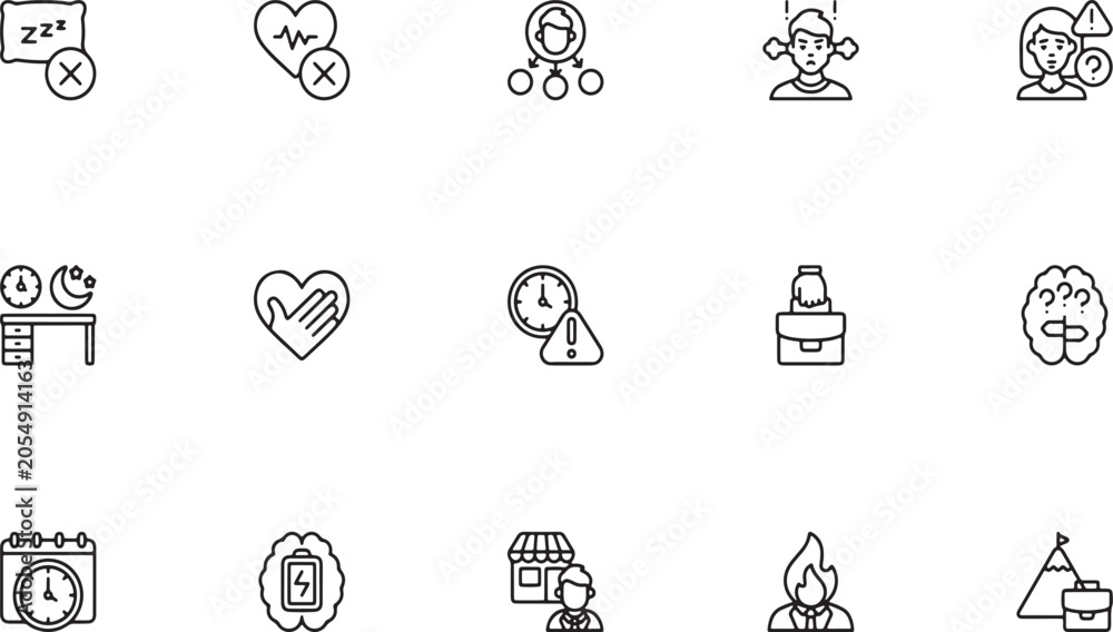 Fototapeta premium Corporate Mental Health and Human Resources Line Art Icon Set Featuring Stress, Employee Burnout, Deadline Warnings, Heart Care, and Organization Charts for Business Psychology