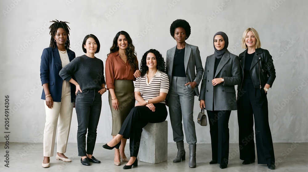 Fototapeta premium diverse group of women of different ethnicities, minimalist gray background, fashion editorial style
