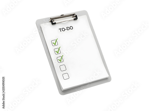 Clipboard with paper note and checked to do list isolated on transparent backdrop surface.