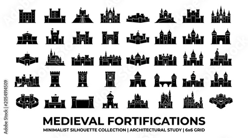 Bild auf Leinwand A comprehensive collection of forty minimalist black silhouettes of medieval fortifications, castles, fortresses, and architectural towers in a neat grid layout on a white background