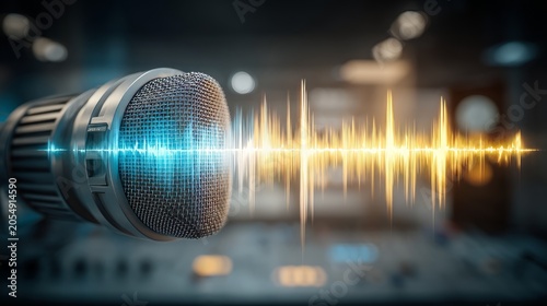 Close-Up of Microphone with Audio Waveform Displaying Voice Capture