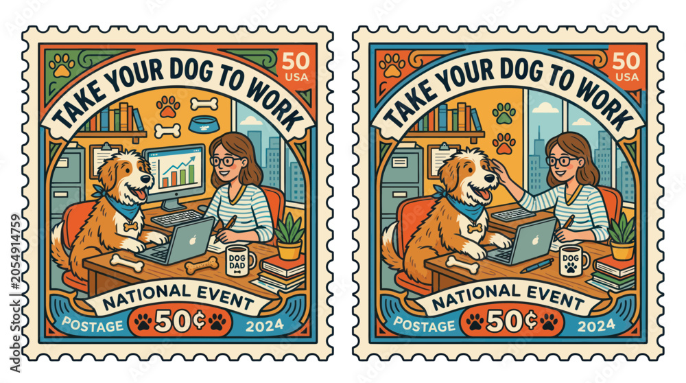 Obraz premium Woman and happy dog in office for take your dog to work day stamp