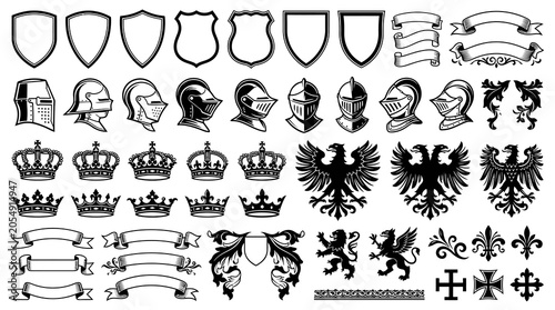 Foto Large collection of heraldic design elements including knight helmets, shields, royal crowns, heraldic eagles, lions, griffins, and vintage ribbons in black and white vector silhouette style