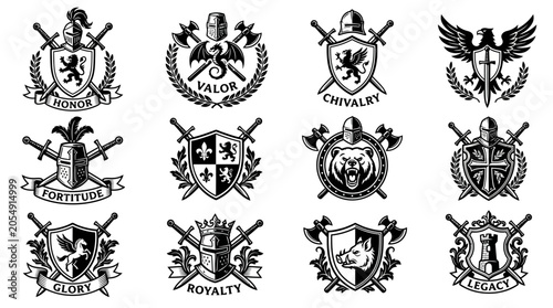 Tableau sur toile A comprehensive collection of 12 medieval heraldic crests and knightly emblems featuring shields, swords, helmets, and mythical creatures like dragons and lions for vintage logo and brand designs