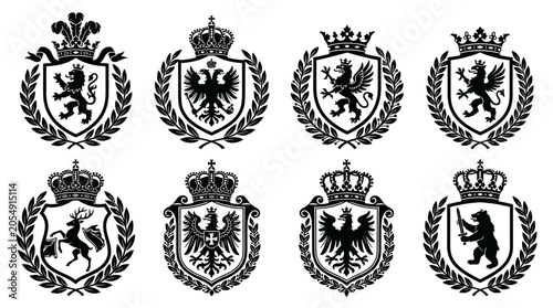 Bild auf Leinwand Collection of Eight Heraldic Crests Featuring Royal Crowns, Shields, and Animal Symbols Like Lions, Eagles, and Griffins in Black and White Silhouette for Vintage Branding and Logo Design
