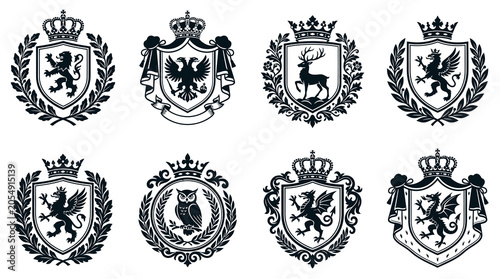 Εκτύπωση καμβά Set of eight vintage heraldic crests and royal coat of arms featuring mythical creatures like dragons and griffins, along with lions and eagles, designed for luxury branding and classic logos