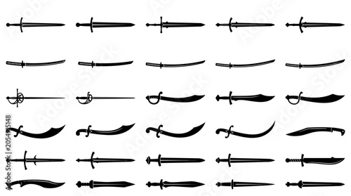 Foto Large Set of Black Sword Silhouettes Featuring Katanas Sabers Rapiers and Scimitars for Game Design and Historical Illustration Isolated on White Background Vector Art