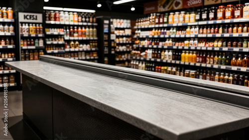 Modern Empty Countertop Inside a Spacious Grocery Store with Blurred Product Shelves Background